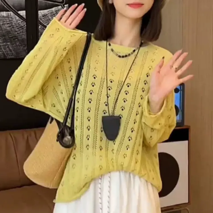 上衣镂空毛针织衫夏季长款秋季长袖春夏圆领蕾丝防晒衫毛衣时尚