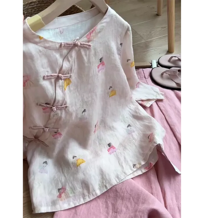 ‘小唐人’俏皮灵动斜襟减龄中袖舒适文艺复古上衣女C5409