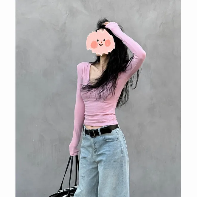 纯欲风V领漏锁骨长袖T恤女春秋2025新款修身显瘦纯色百搭打底上衣