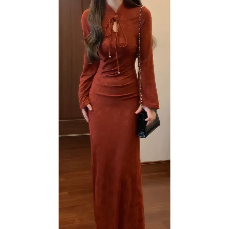 秋冬新中式加绒复古暗花酒红色改良旗袍连衣裙气质修身长裙