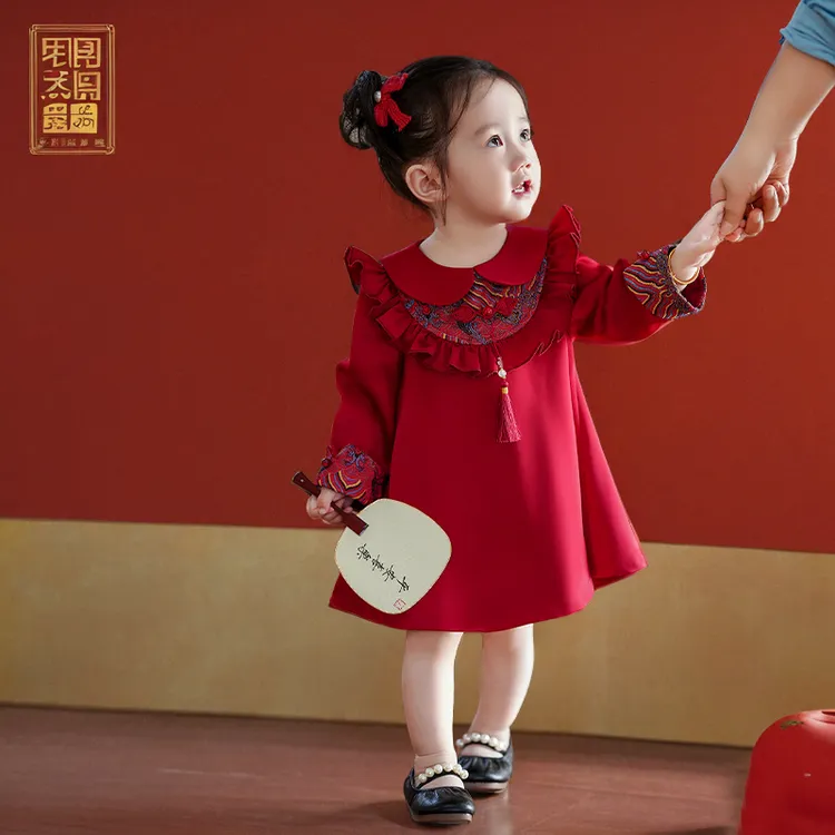 女宝宝周岁礼服女童2025秋装新款儿童高端中式洋气红色生日宴唐装