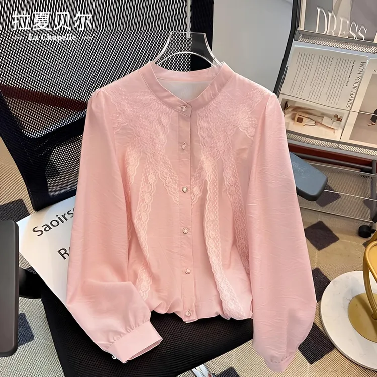 拉夏贝尔法式蕾丝时尚V领上衣2025收腰气质百搭小众白色长袖衬衫