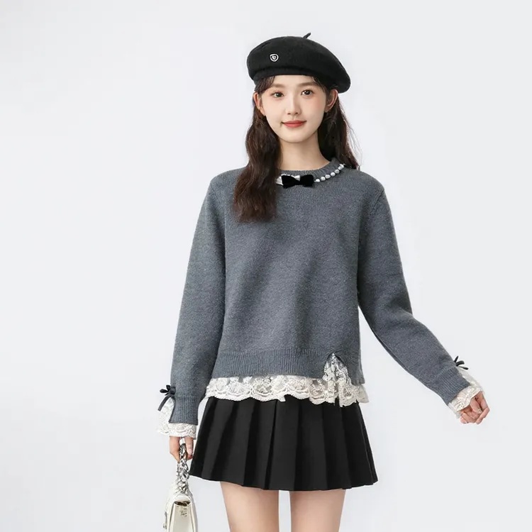 奢姿2025冬大码女装圆领蕾丝拼接珍珠蝴蝶结针织毛衣甜美显瘦上衣