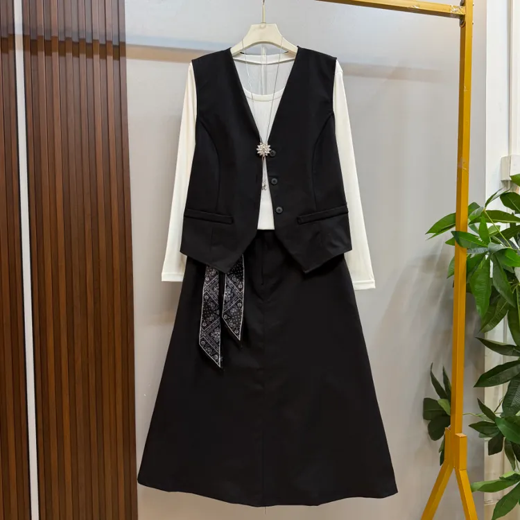 欧货新款大码女装时尚气质蝴蝶结美背设计半身裙三件套套装