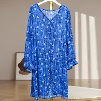 502牛仔色复古波点荷花袖V领中长款大码衬衫时尚女上衣