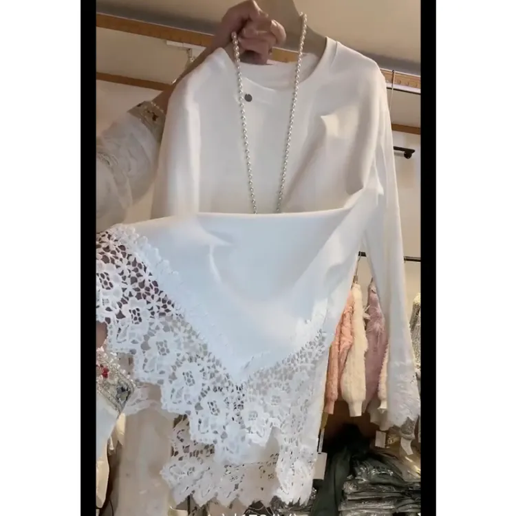 胖m蕾丝底摆拼接长袖T恤中长款遮肚小衫大码高级感简约显瘦上衣女