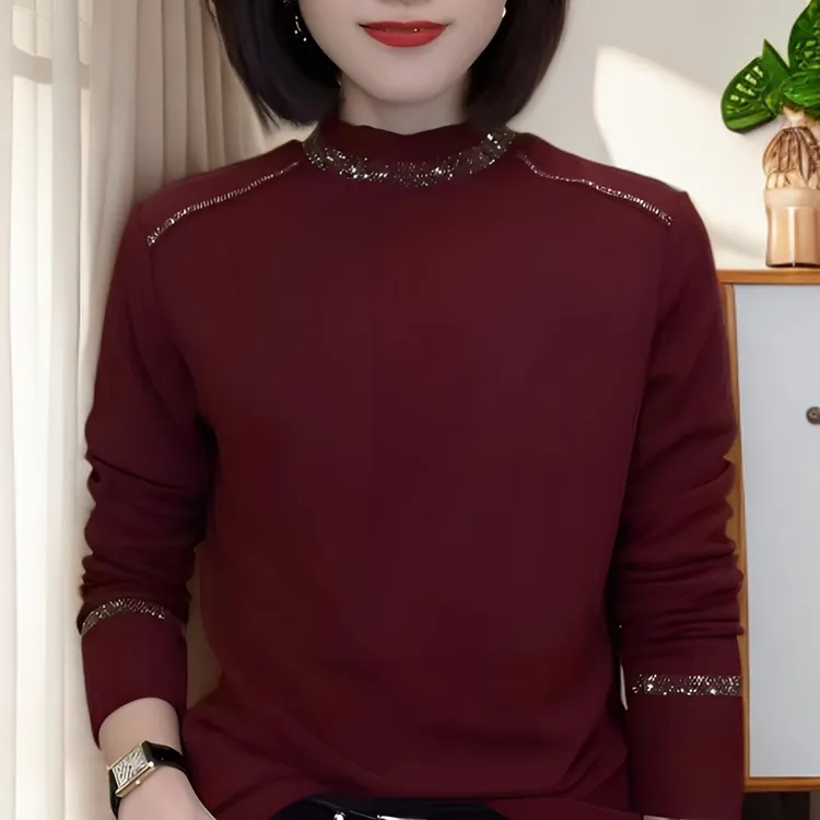 秋冬款半高领长袖保暖洋气女打底衫烫钻纯色时尚百搭T恤女上衣