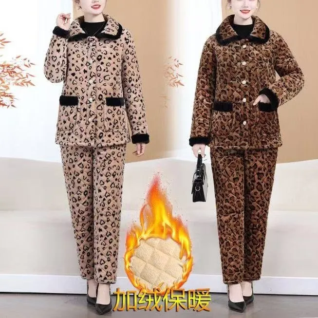 妈妈冬装家居服棉衣棉裤套装中老年妇女冬加绒加厚保暖棉袄两件套