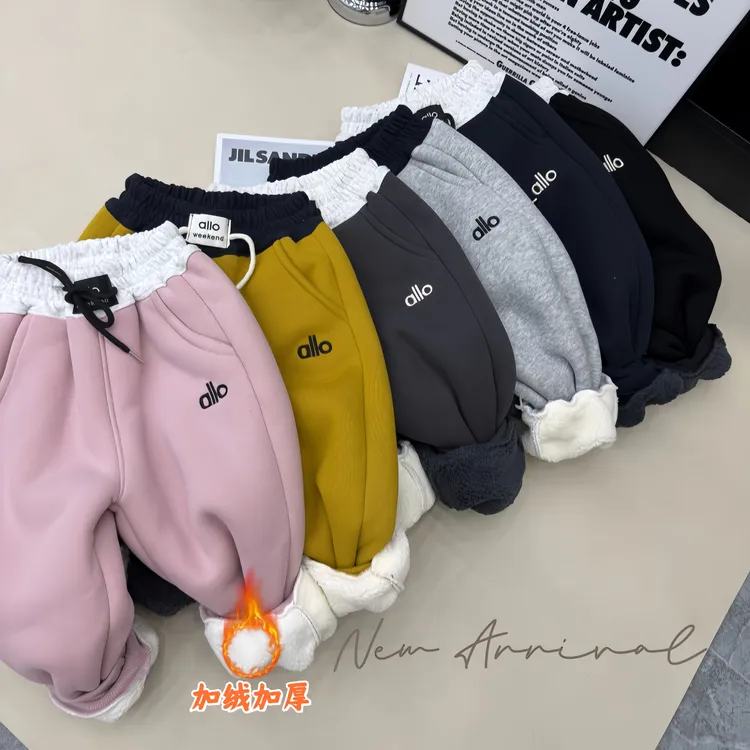 蒙蒙【加厚羊羔绒】冬季儿童韩系贴标刺绣ollo加厚休闲卫裤4638