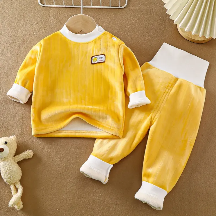 羊毛蚕丝儿童保暖衣套装加绒婴幼儿保暖高腰护肚套装宝宝加厚冬季