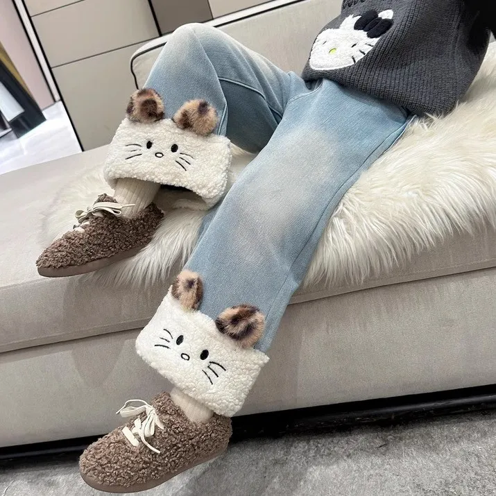 【新款】女宝冬季牛仔裤加绒加厚一体绒松紧腰公主风刺绣猫咪长裤子