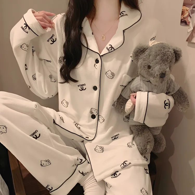 小香风kitty猫睡衣秋冬季海岛绒长袖甜美女生高级感卡通家居服套