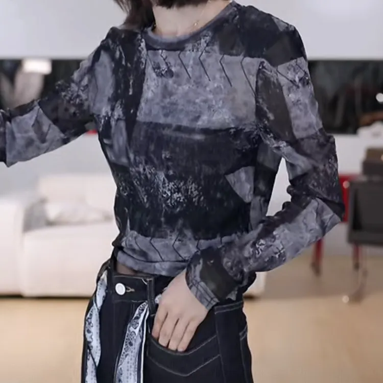 复古扎染修身植绒网纱上衣女2025秋季新款欧韩小众设计感长袖T恤