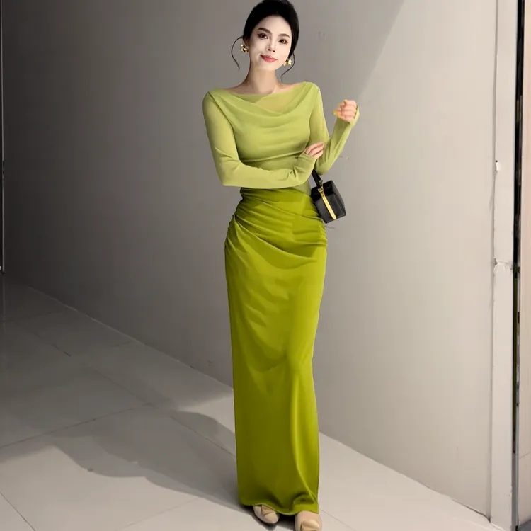 连衣裙女装气质长袖时尚开叉修身包臀褶皱荡领裙子百搭时尚轻奢