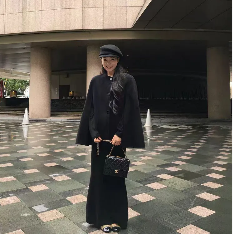 叮叮家【爱神降临】双面毛呢斗篷+修身显瘦长款打底连衣裙套装-新