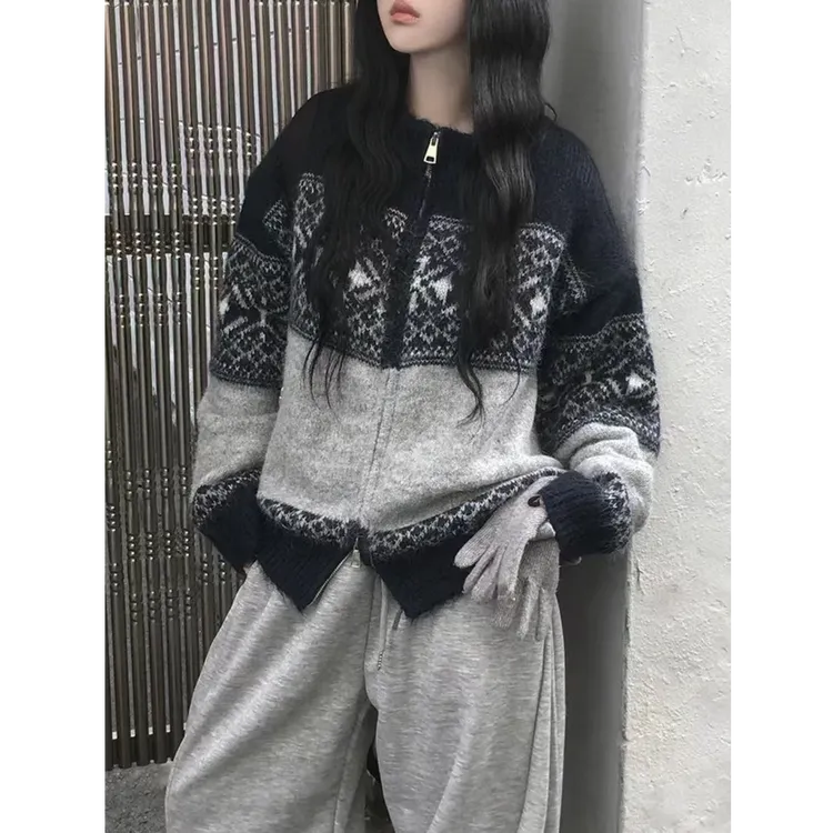 灰蓝色费尔岛女百搭加厚毛衣针织衫显瘦外套