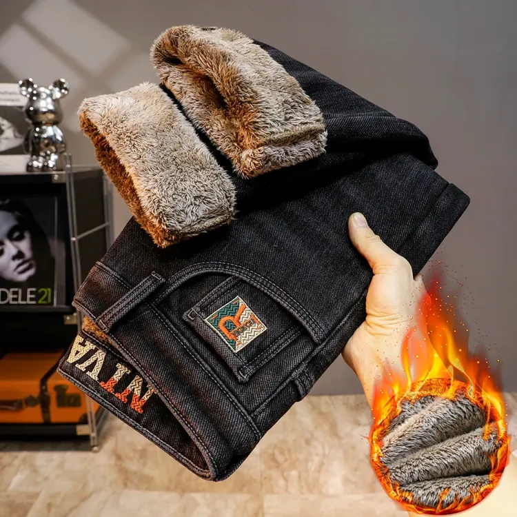 冬季长毛绒加绒厚款男士牛仔裤防风保暖休闲爆款百搭刺绣男款直筒