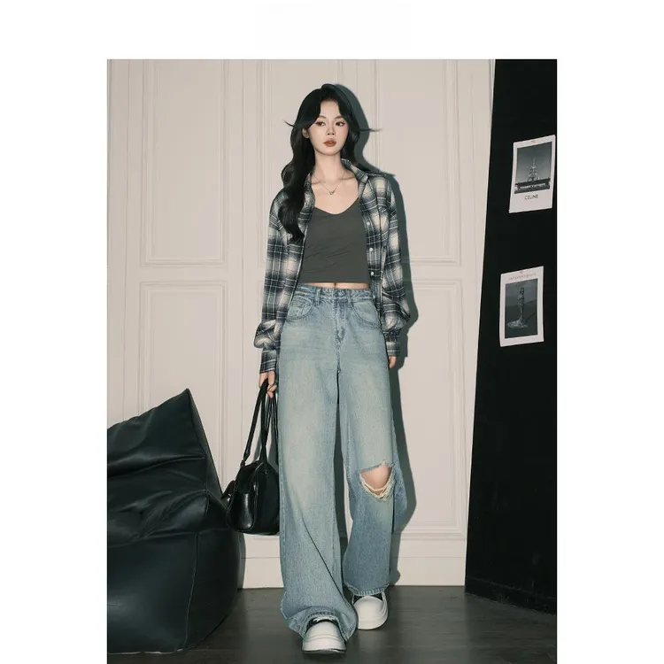 驭瑛2025款设计感破洞高腰阔腿牛仔裤女梨形美式复古蓝直筒拖地裤