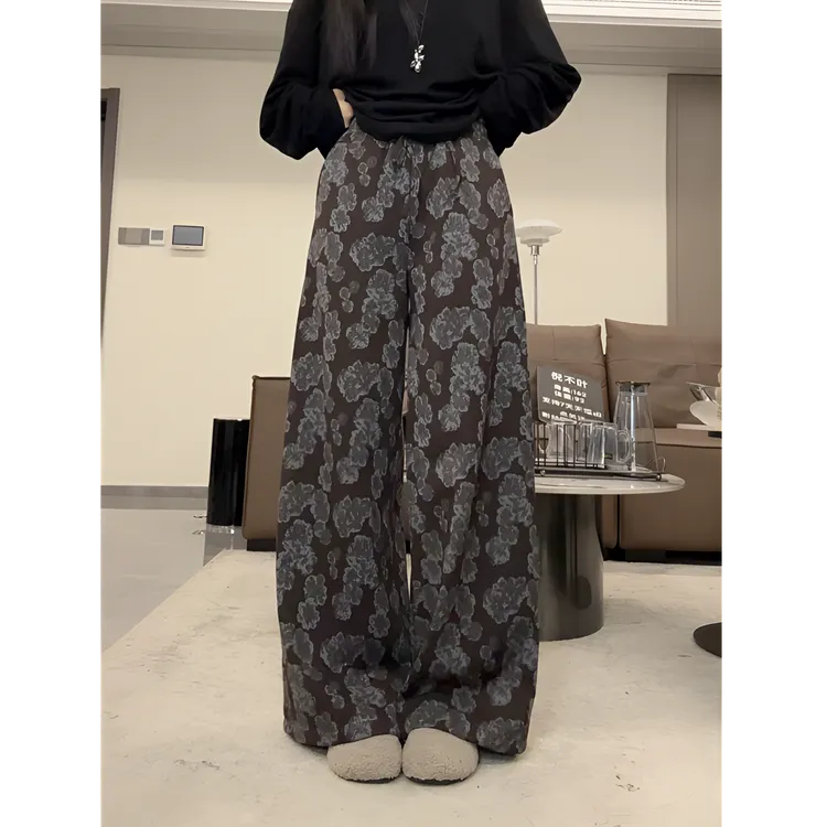 倪不叶【深咖花型阔腿裤】秋遮肉显瘦休闲慵懒松紧腰挺阔