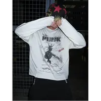 NO1SE 红色手缝线撞色短宽长袖T恤解构拼接朋克做旧宽松休闲上衣