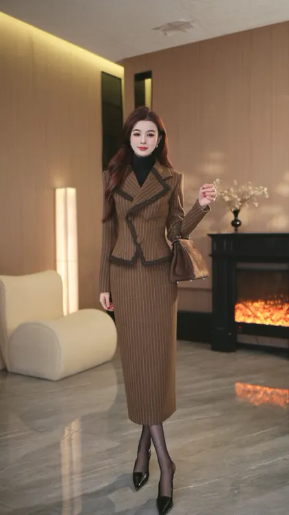 罗曼定制 高定原创收腰棕色时尚复古条纹西装上衣+包臀裙套装女冬
