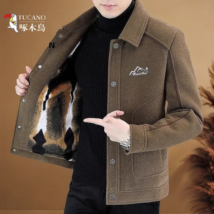 啄木鸟冬季加绒加厚中国风夹克男修身翻领毛呢名牌加绒加厚外套男