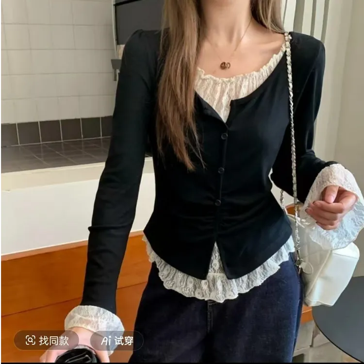 8989爆品新款休闲高级感蕾丝长袖t恤女夏季假两件打底衫遮肉显瘦