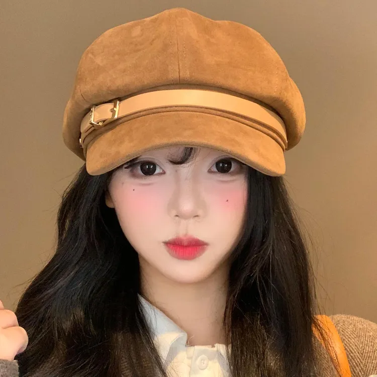 麂皮绒复古贝雷帽女秋冬日系百搭显脸小八角帽大头围报童画家帽子