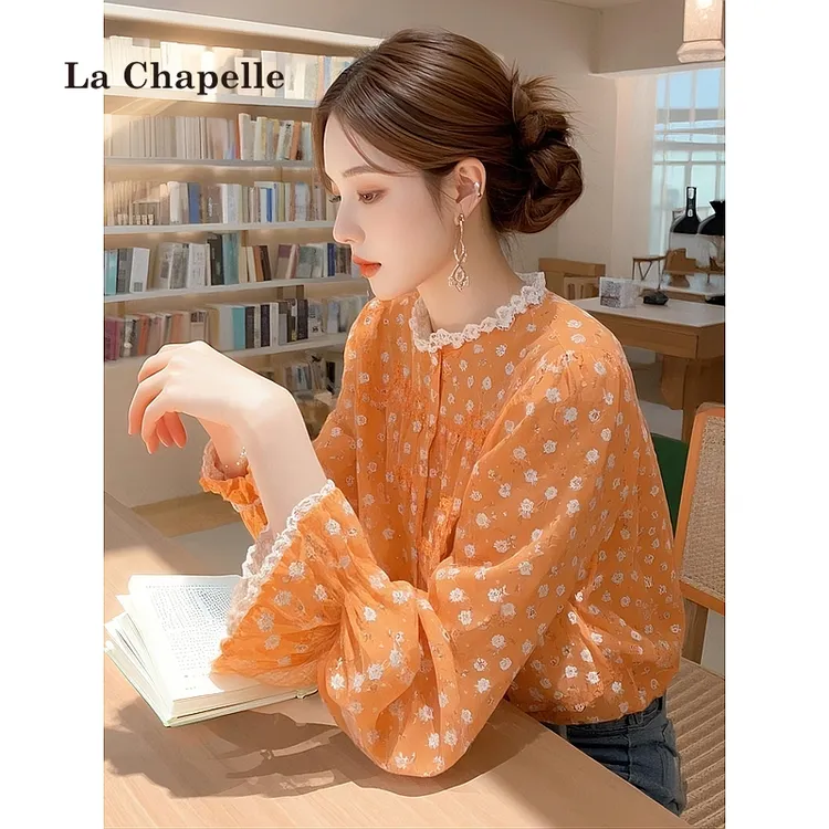 拉夏贝尔橘色碎花衬衫春款女装法式多巴胺上衣独特好看蕾丝边小衫