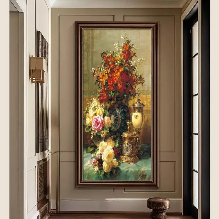 牡丹花美式玄关装饰画走廊过道壁画欧式大气复古客厅背景墙面挂画