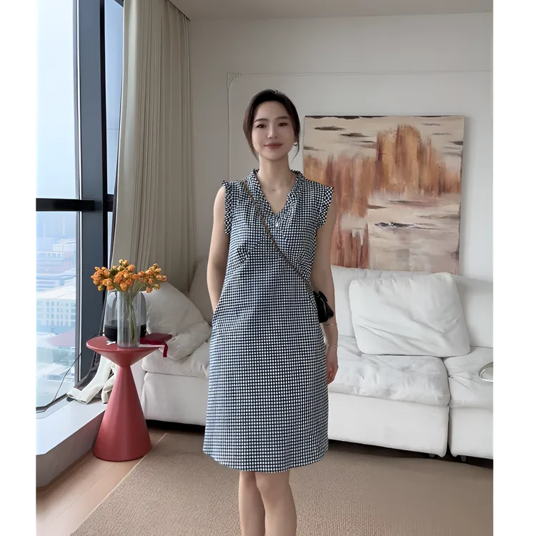 【余欢欢】夏季时尚通勤V领格子无袖连衣裙-YHQ50119