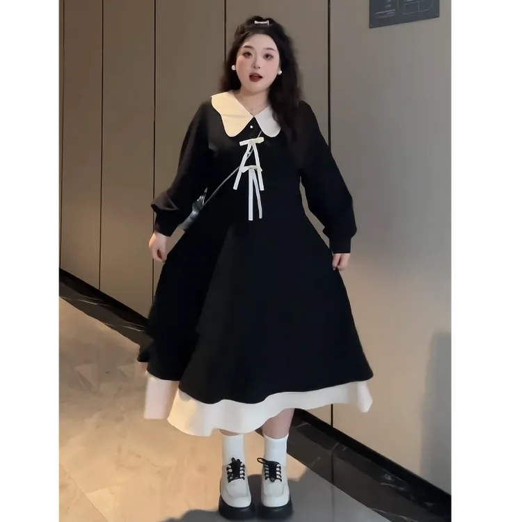 大码早秋胖mm韩系娃娃领蝴蝶结长袖拼接连衣裙显瘦气质撞色小黑裙