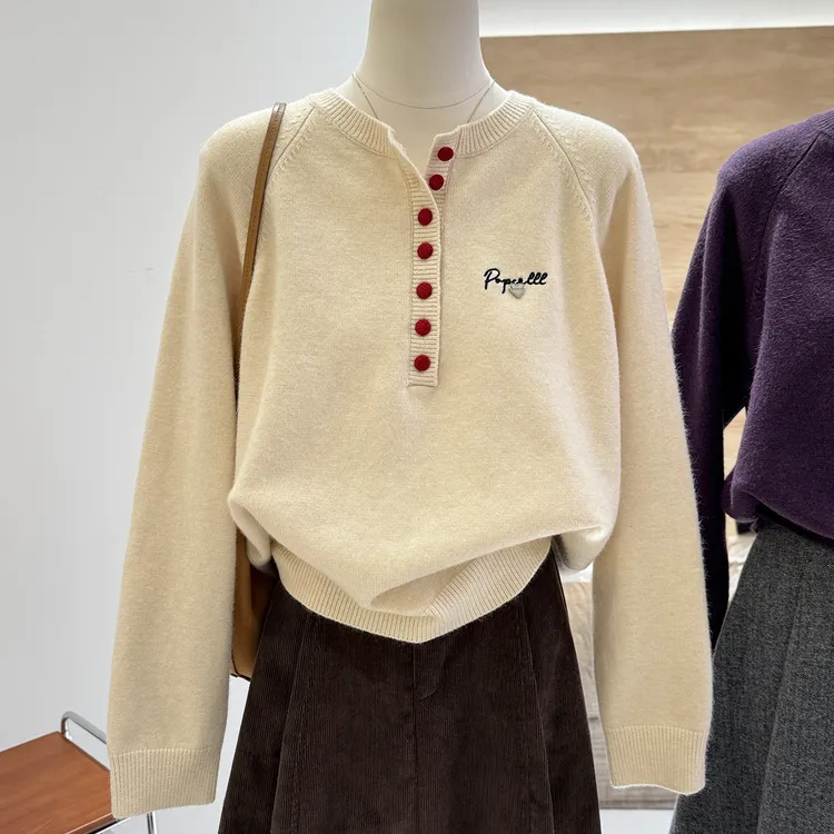 【80-200斤】半开领刺绣针织衫上衣女秋冬韩系穿搭显瘦毛衣打底衫潮