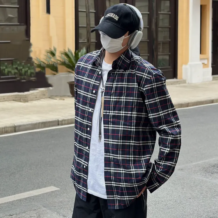 【香港直邮】Burberry博柏利格纹纽扣长袖衬衫 男款 海军蓝80048351