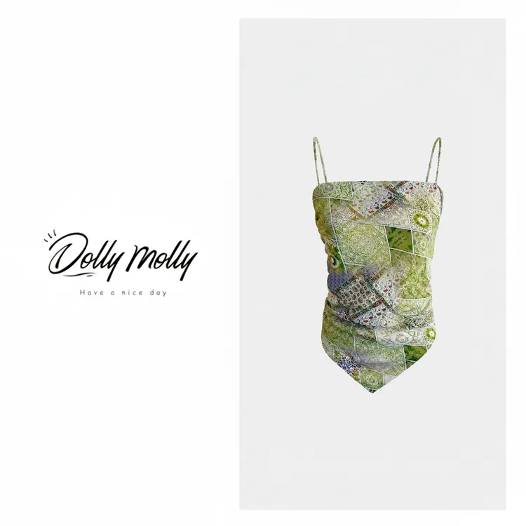 DOLLY&MOLLY波西米亚度假风拼接肚兜吊带背心夏季绿色设计感 369
