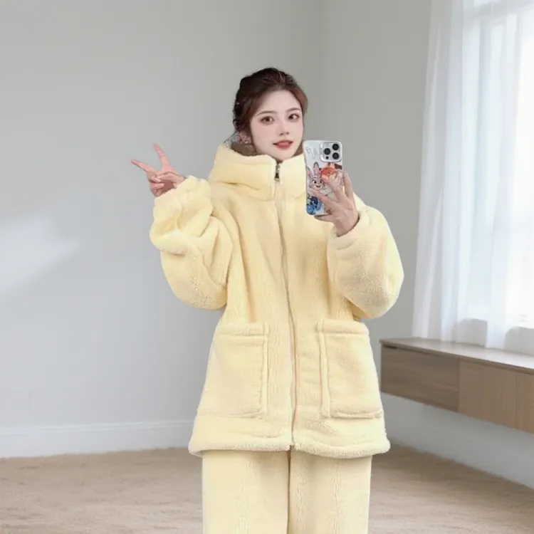 巨保暖】2025冬季复合加绒加厚北极绒连帽韩版宽松外穿套装睡衣