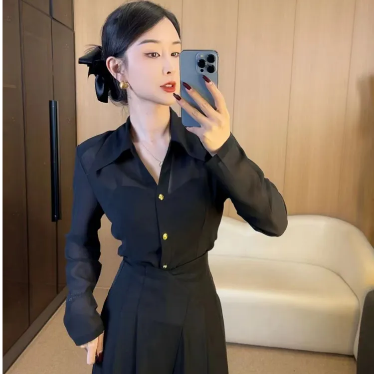T法式小众收腰网红洋气显瘦气质百搭时尚性感气质黑色上衣5215
