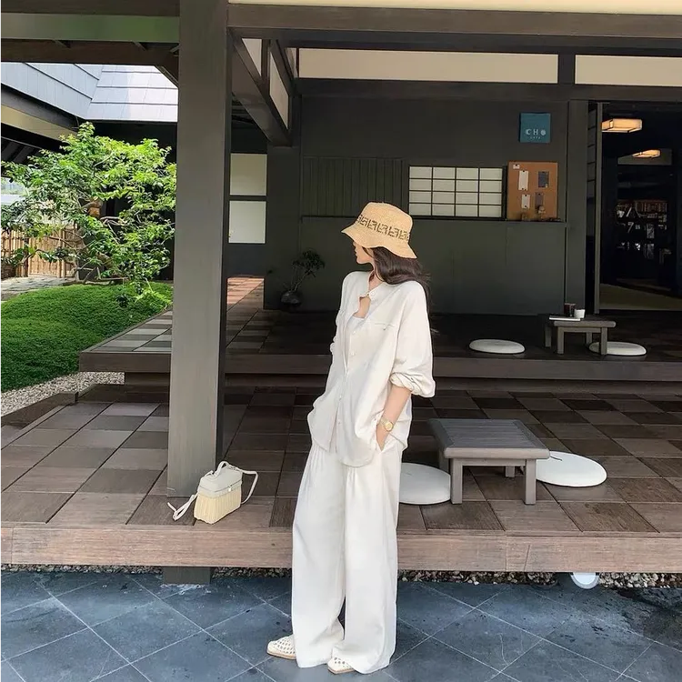 2025春季穿搭高级感松弛感休闲老钱风衬衫高腰显瘦长裤子两件套装