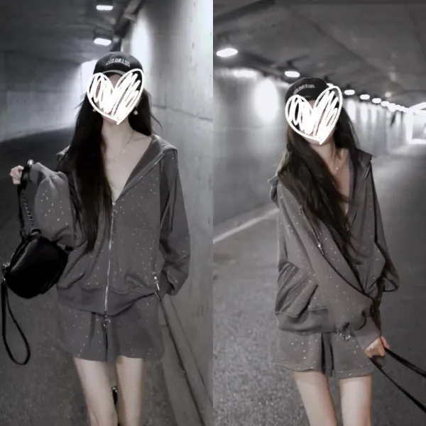 2025秋季新款阔腿短裤两件套连帽拉链开衫卫衣外套时尚设计感女装