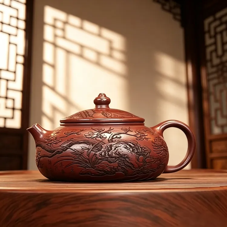 宜兴紫砂壶 刻绘寒江 石红商品图