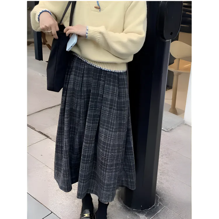 【二个裙长+羊毛+口袋】复古毛呢格子半身裙女秋冬款高腰显瘦a字裙