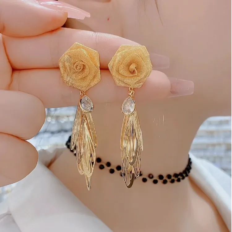 铜合金合成锆石耳饰 121金色时尚百搭玫瑰花朵耳环流苏耳环