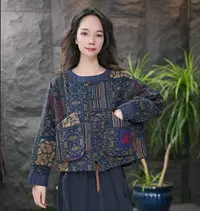 JJ单排扣长袖宽松型厚款薄款短外套民族风韩版女装宽松文艺圆领