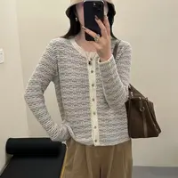 气质小香风设计感圆领针织开花纱镂空长袖针织衫洋气复古秋上衣