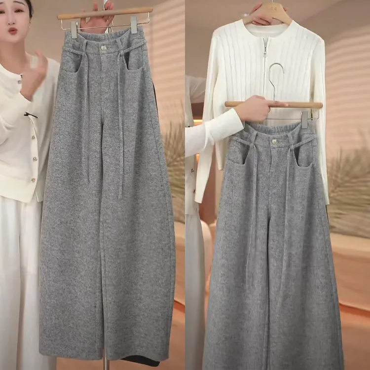 澳洲加厚20%绵羊毛弯刀裤女2025年秋冬季新款高腰显瘦休闲阔腿裤