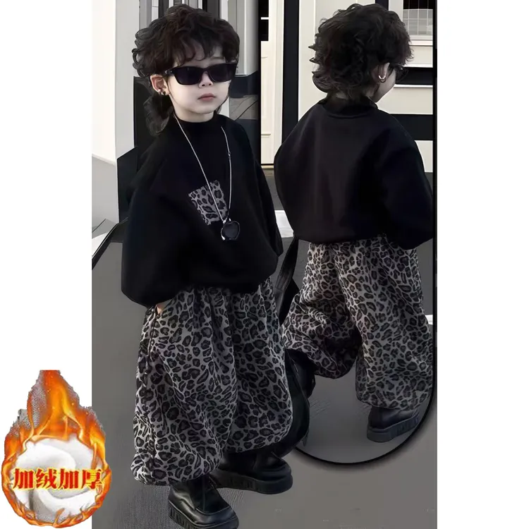 【加绒/不加绒】男女宝亲子套装豹纹卫衣灯笼裤两件套装韩版t53