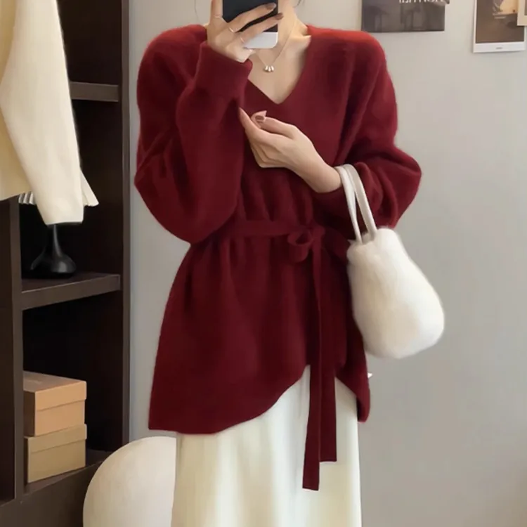 不规则红色V领套头针织衫毛衣女秋冬季中长款针织衫系带收腰上衣