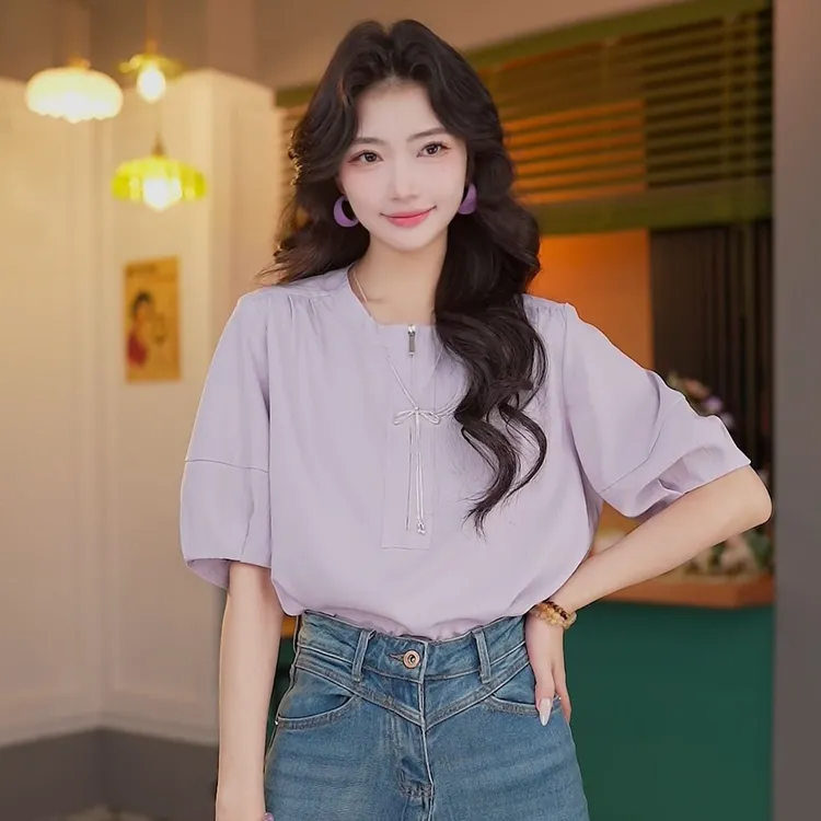 丁佳欣【细雨朦胧】圆领短袖T恤女夏季宽松显瘦百搭上衣DK0725318