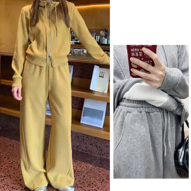 连帽加绒卫衣时尚套装秋冬新款慵懒休闲风卫衣外套+阔腿裤两件套