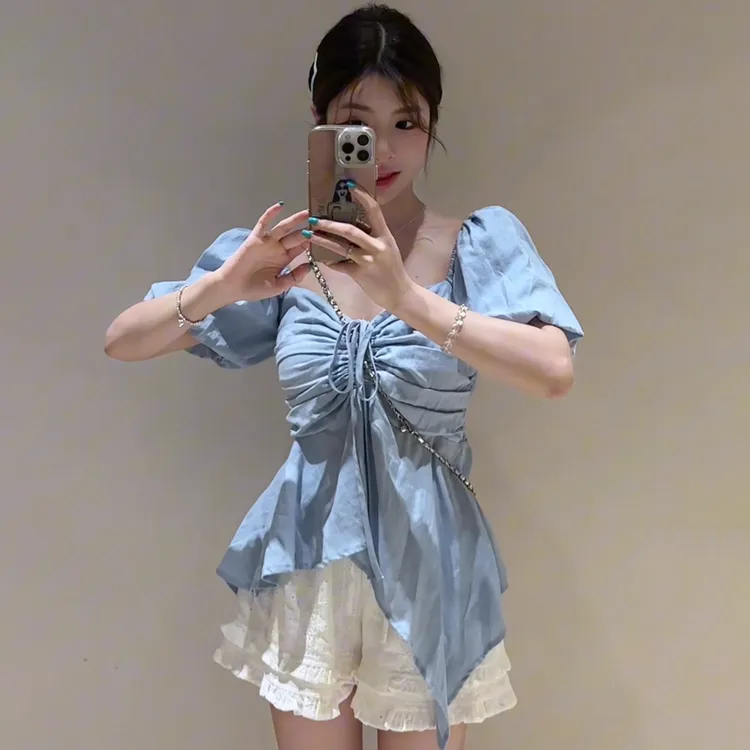 大码法式衬衫女夏季新款短袖收腰衬衣胖MM遮肉显瘦短款上衣-7664
